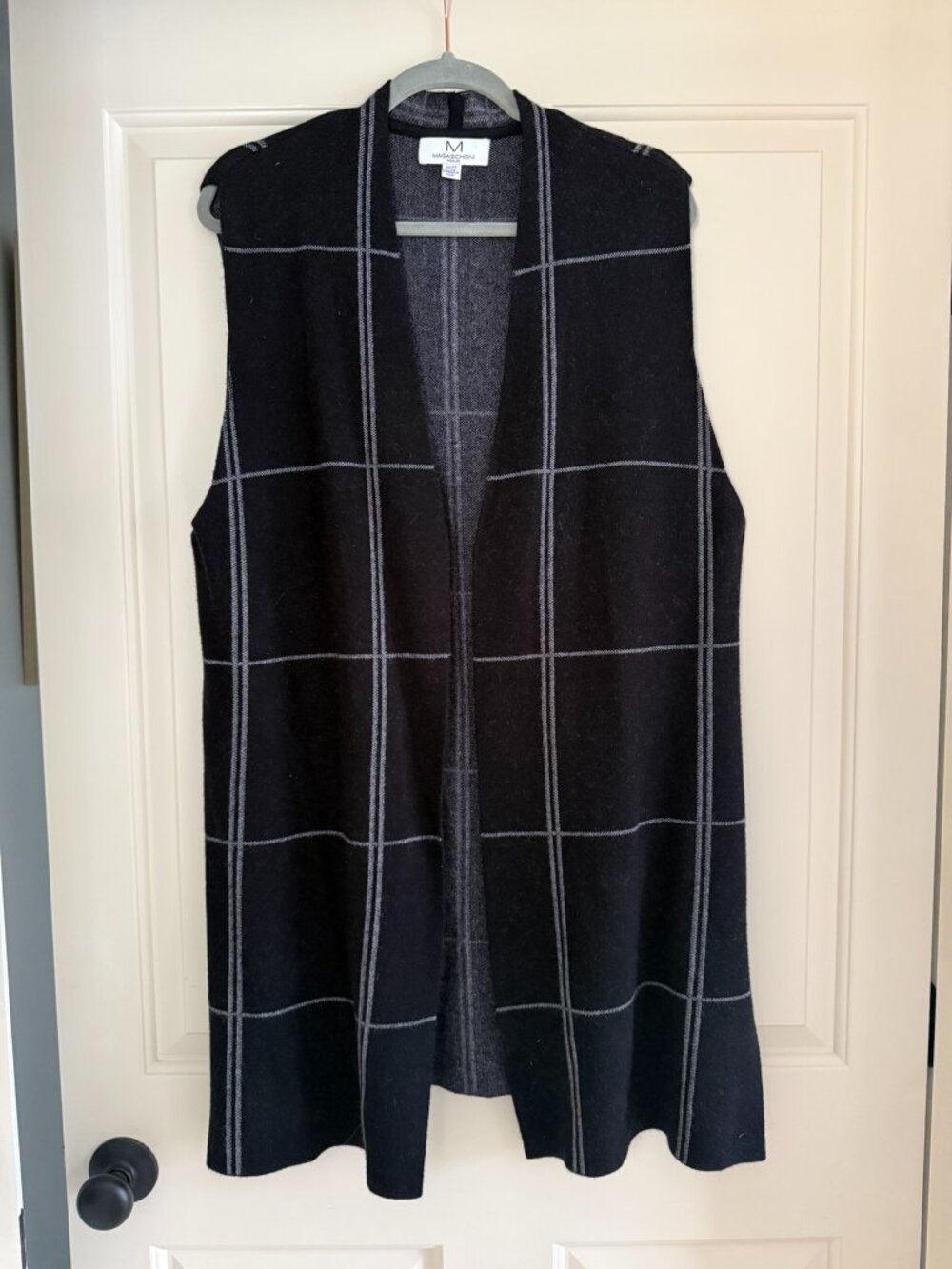 Magaschoni Windowpane Grid Knit Long Duster Vest Sleeveless Caardiagn Size 1X